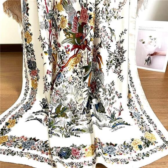Lightweight Satin Scarves Large Capacity White Floral - Picture 5 of 6